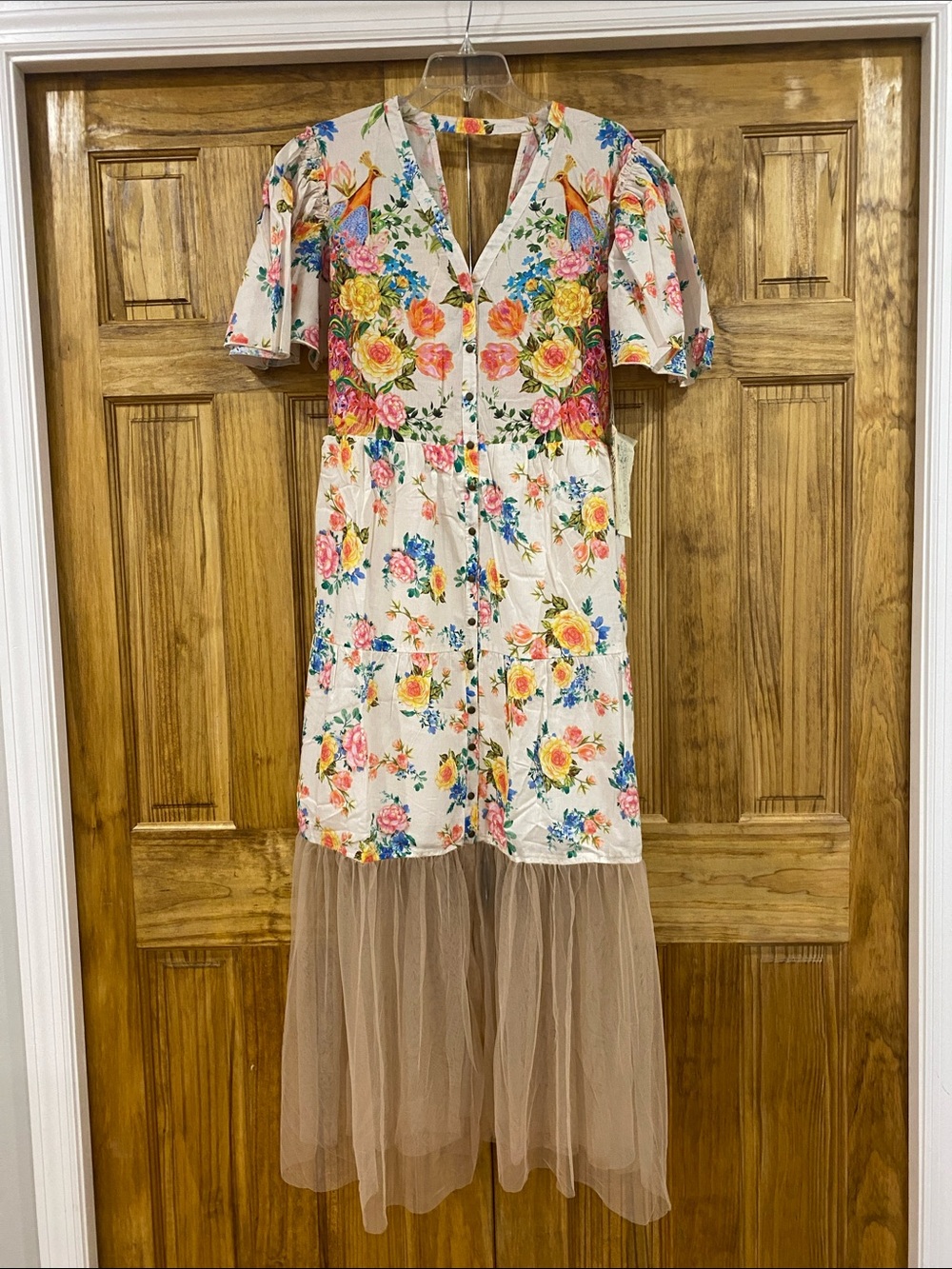 Aratta Floral Print V-Neck Midi Dress with Tulle Hem - Cream/Pink/Blue